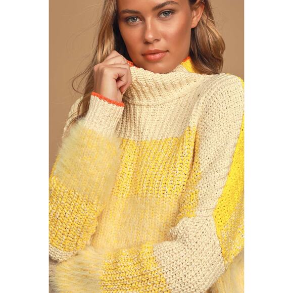 Bucket List Free People Sunbrite Yellow Multi Chunky Knit Turtleneck Sweater - Picture 5 of 12